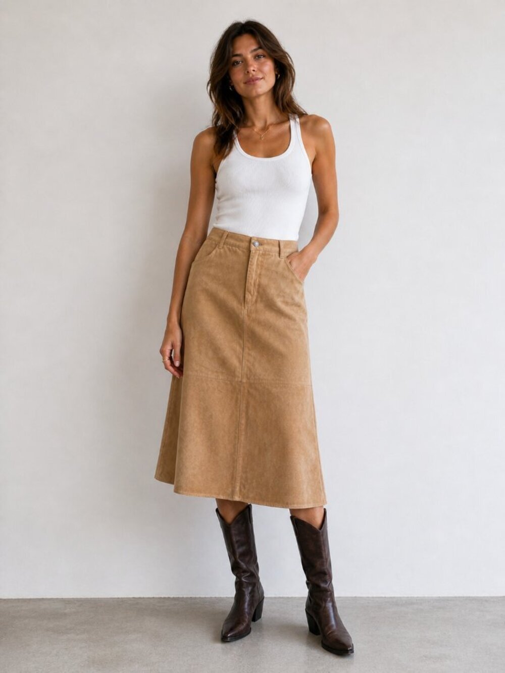 Scotts Suede Washable Suede Camel Beige Classic Midi Skirt 14 NWT